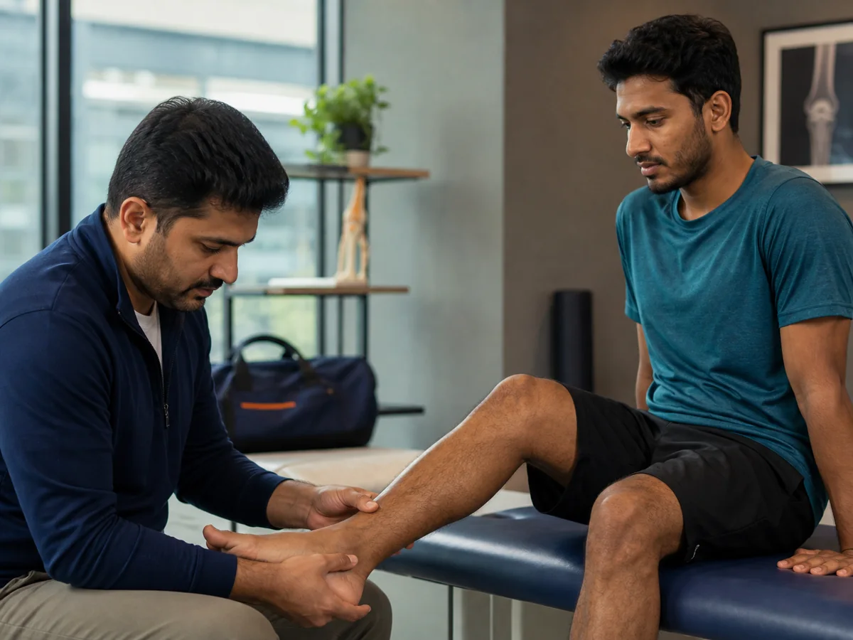 Orthopedic clinician examining an athlete's ankle after a sports injury